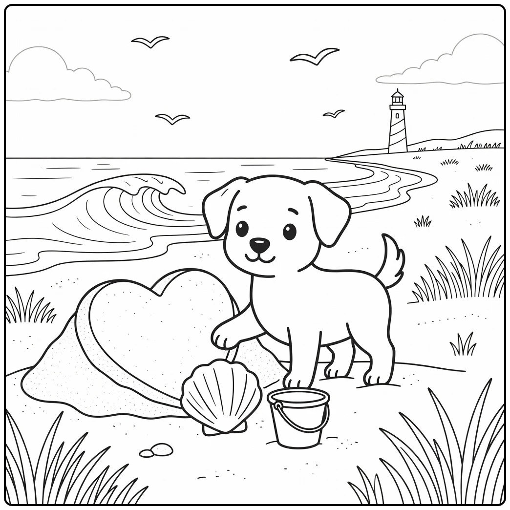 A cute valentine dog coloring page at the beach with a heart.