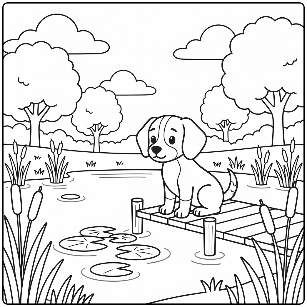 A printable and easy dog coloring page of a pup on a dock.