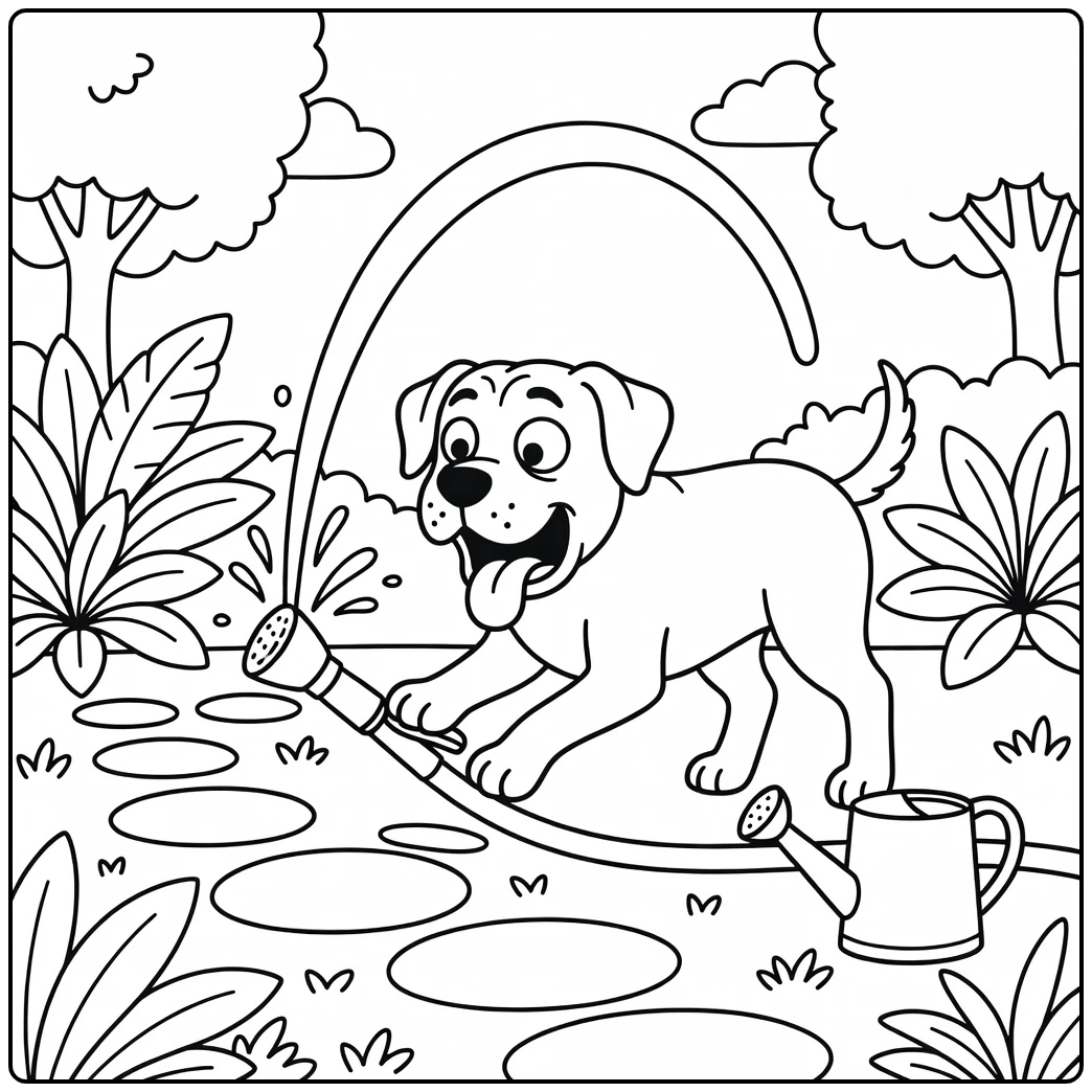 A startled cartoon mastiff coloring page sprayed by a garden hose.