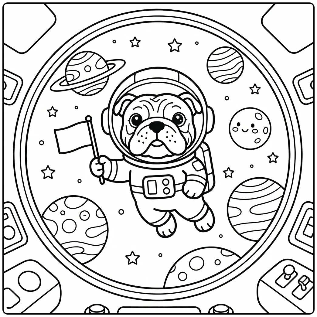An astronaut english bulldog coloring page floating in space.