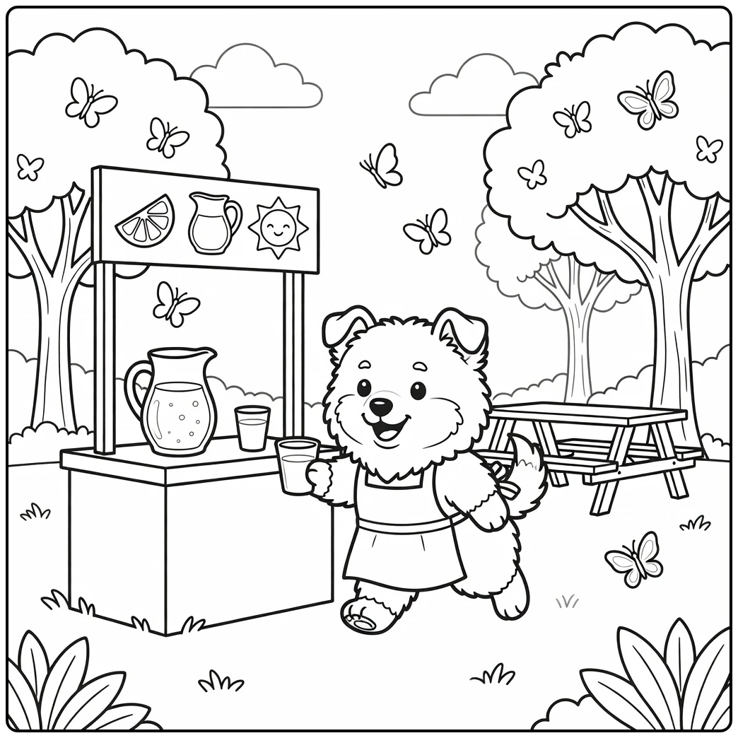 A fluffy Sheltie puppy at a cute dog coloring page lemonade stand.