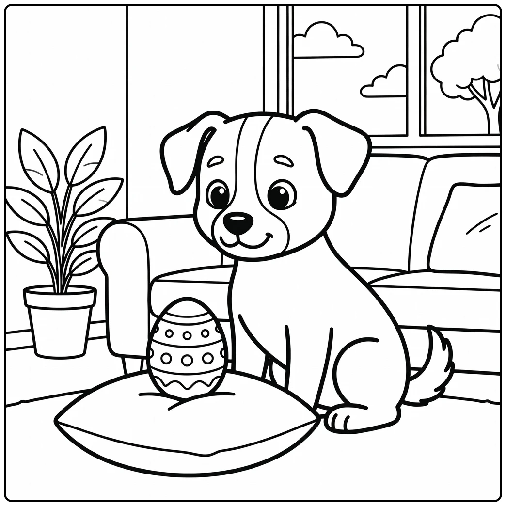 A cute pup watches a special egg on an easter dog coloring page.