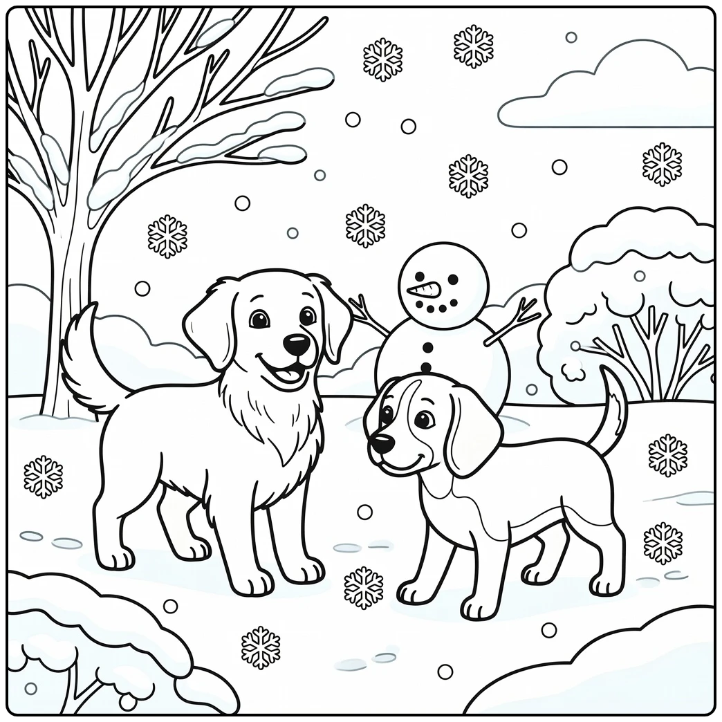Two friendly pups playing in a snowy yard easy dog coloring page.