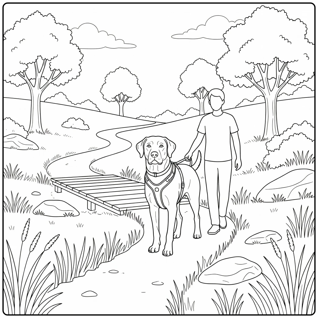 Attentive guide dog coloring page featuring a loyal canine assisting its handler on a nature trail.