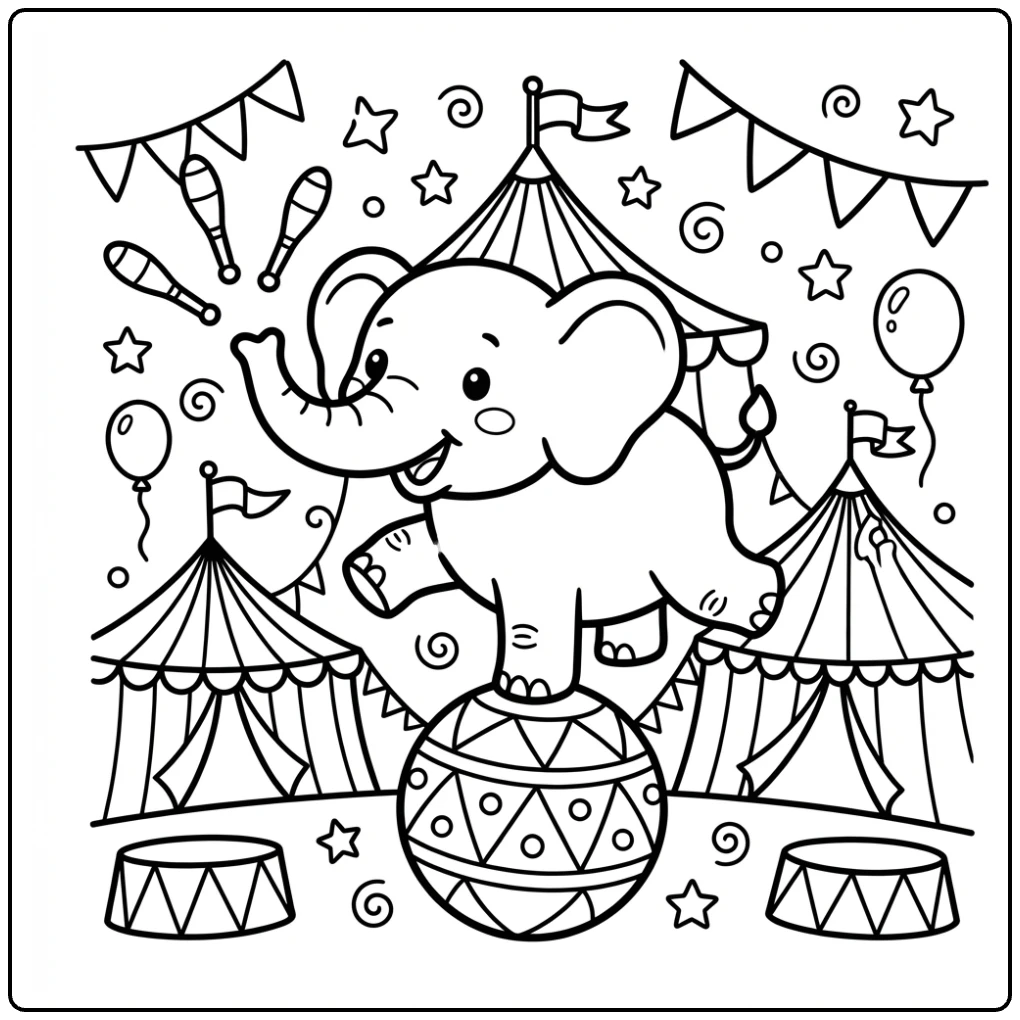 Cute elephant balancing on a ball, fun Circus Animal coloring page.