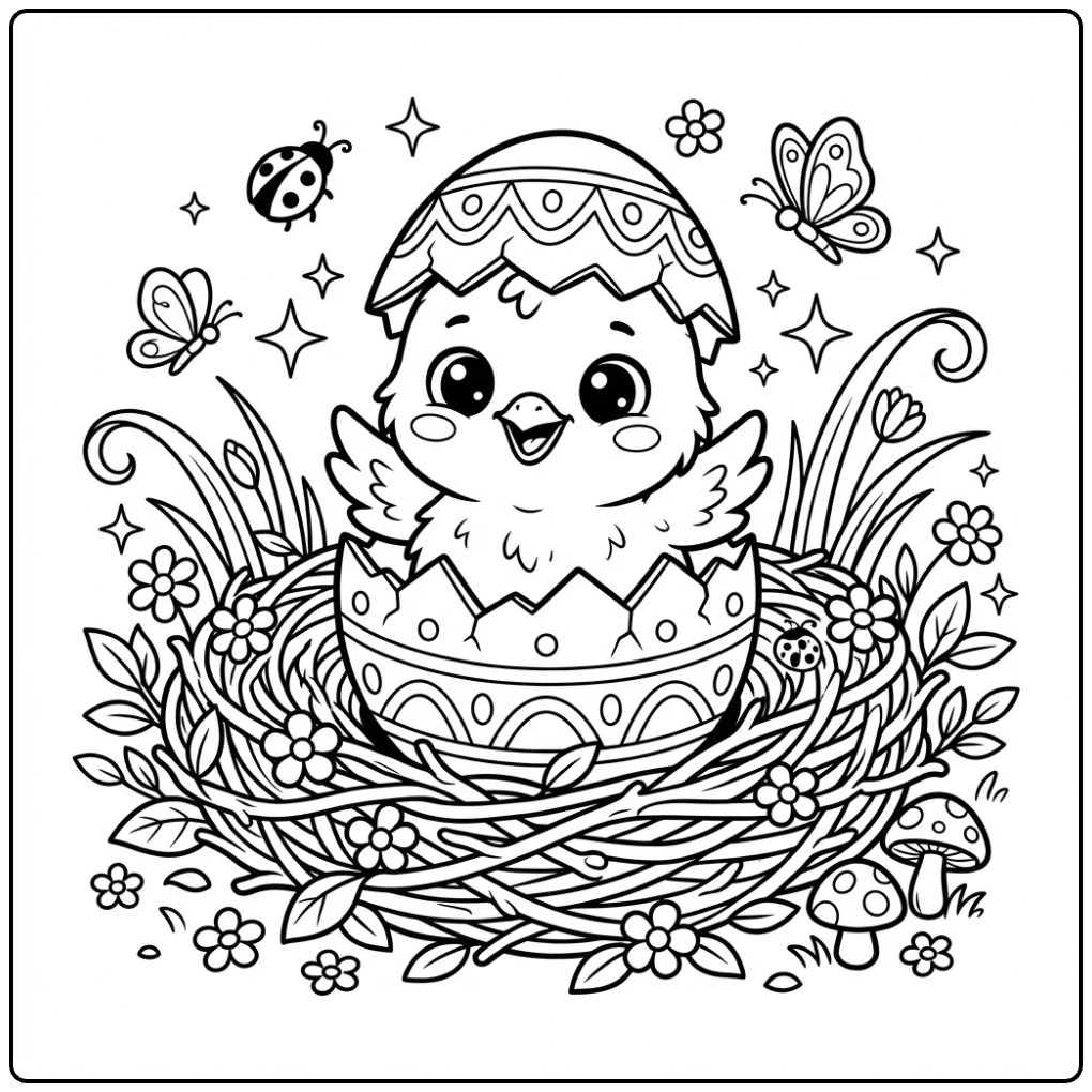 Cute hatching Chick coloring page with flowers and grass.