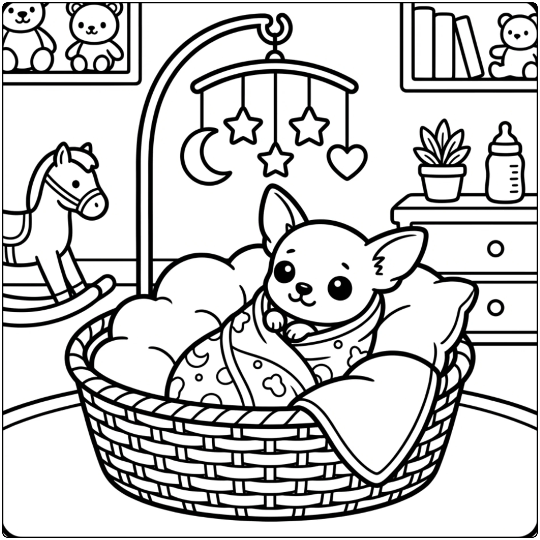 Cute Baby Chihuahua coloring page in a nursery basket.