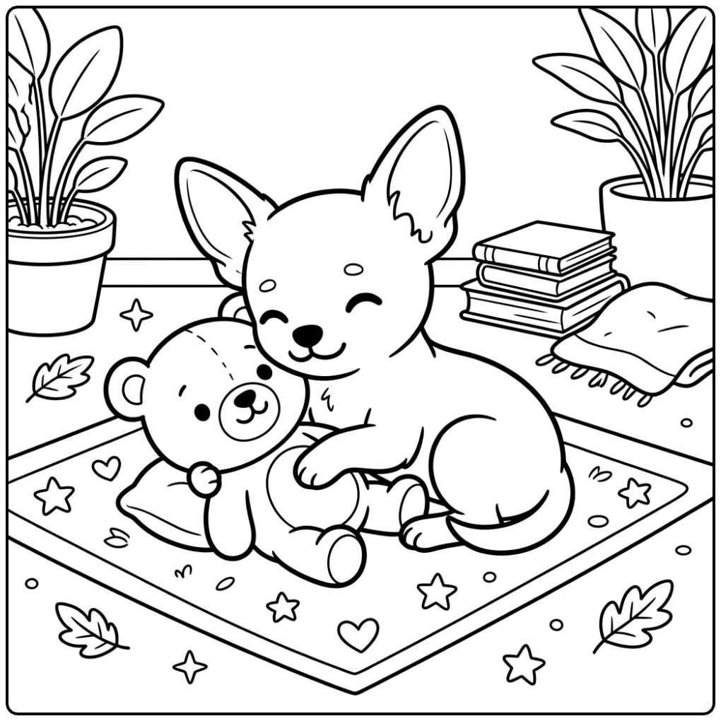 A cute Baby Chihuahua coloring page with a teddy bear and plants.