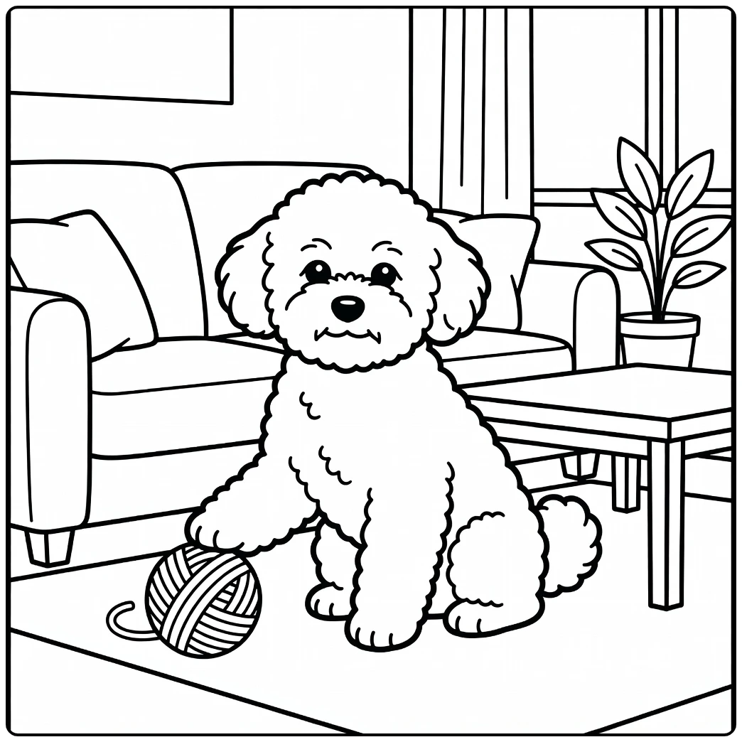 Proud bichon frise coloring page playing yarn in a cozy living room.