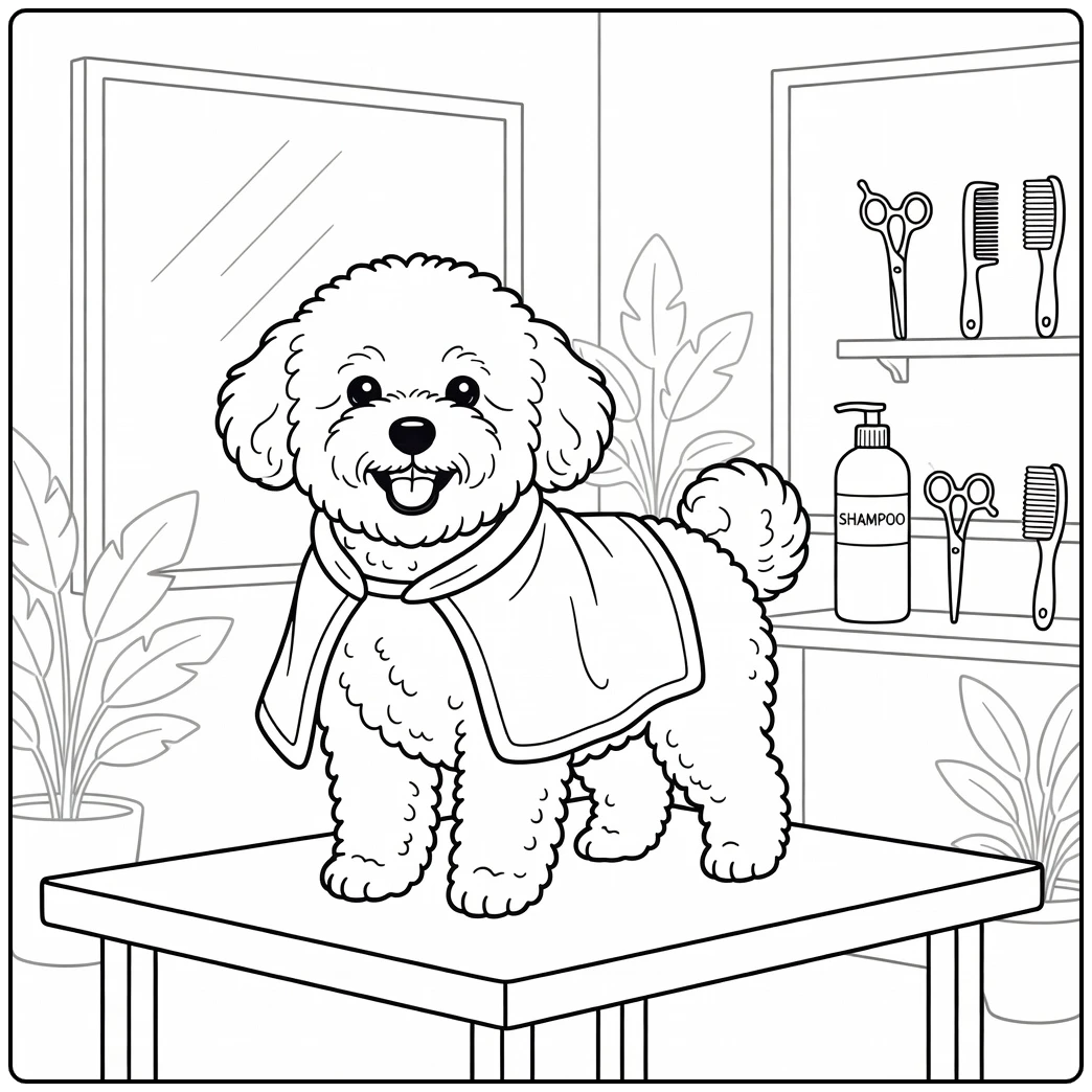 Cheerful bichon frise coloring page, salon scene with towel-clad pup.