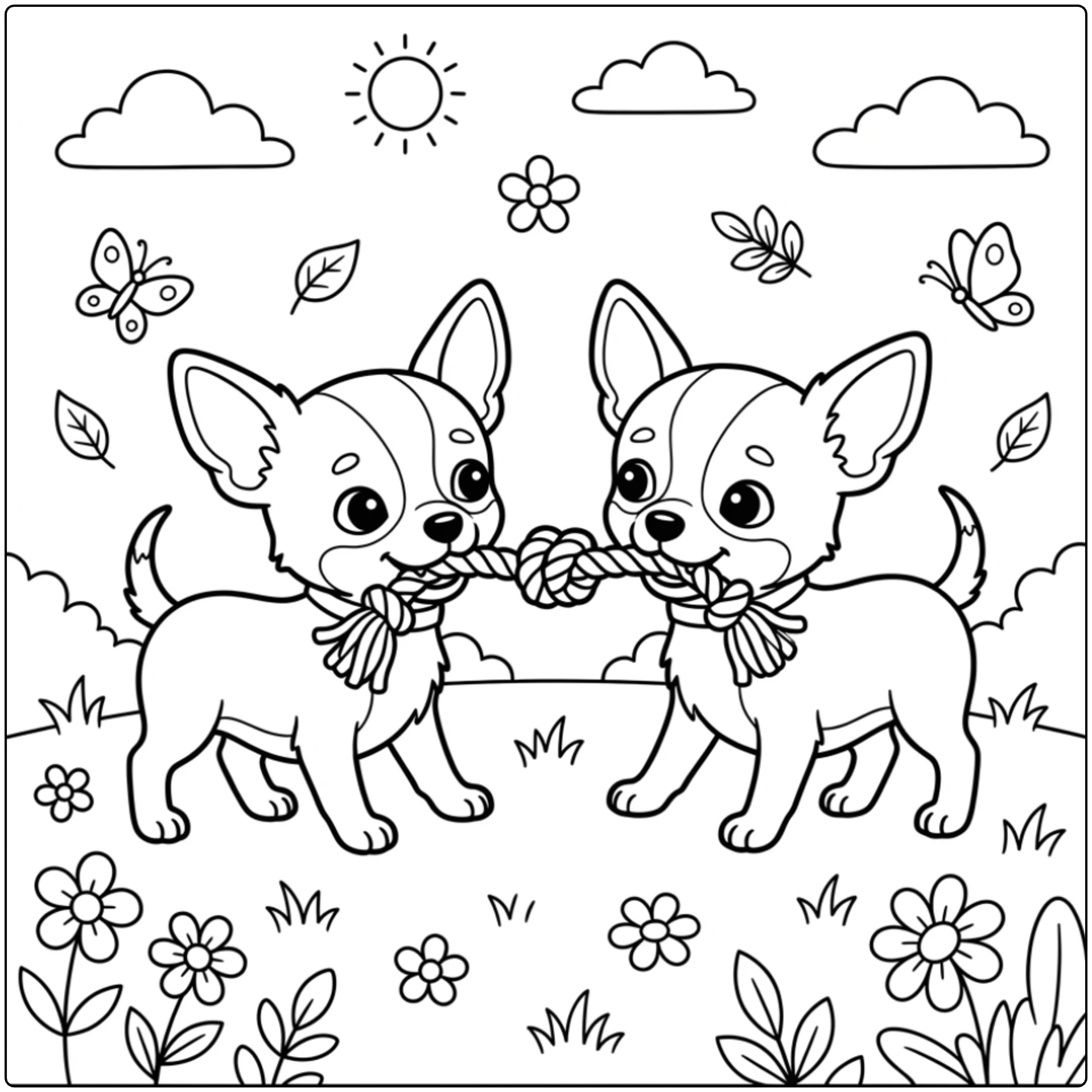 Chihuahua Puppy coloring page with two pups and a rope toy.