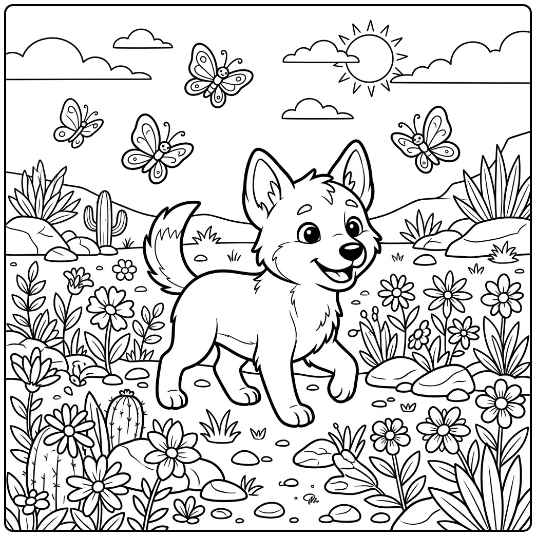 Dingo coloring page: Cheerful pup exploring desert flowers and butterflies.