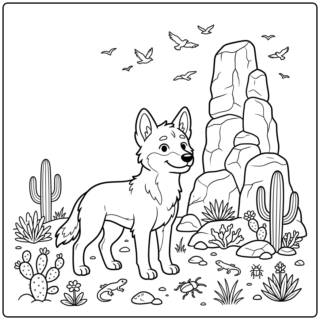 Proud dingo pup by desert rock, a charming Dingo coloring page