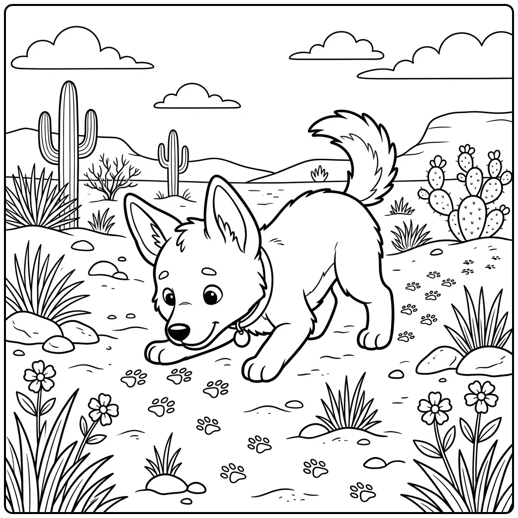 Curious young Dingo coloring page sniffing desert paw prints