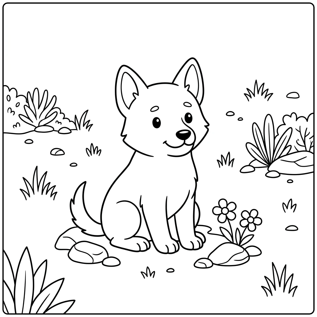 A friendly Dingo coloring page for beginners featuring a cute pup.