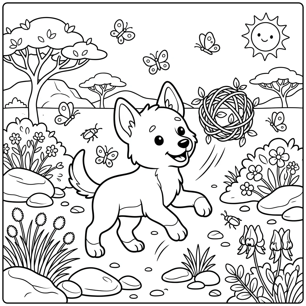 Cheerful Dingo coloring page: pup playing with desert vine ball