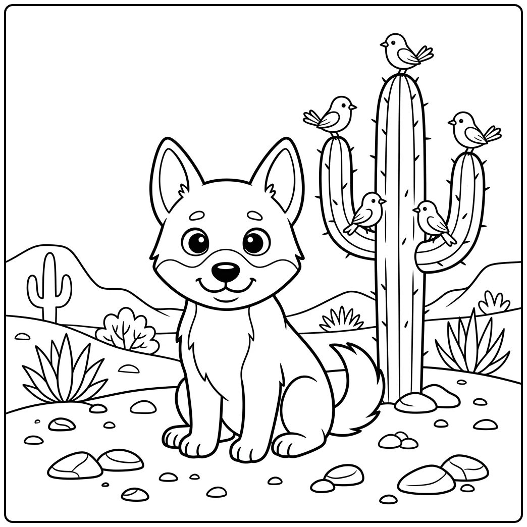 Cute Dingo coloring page with pup and desert cactus birds.