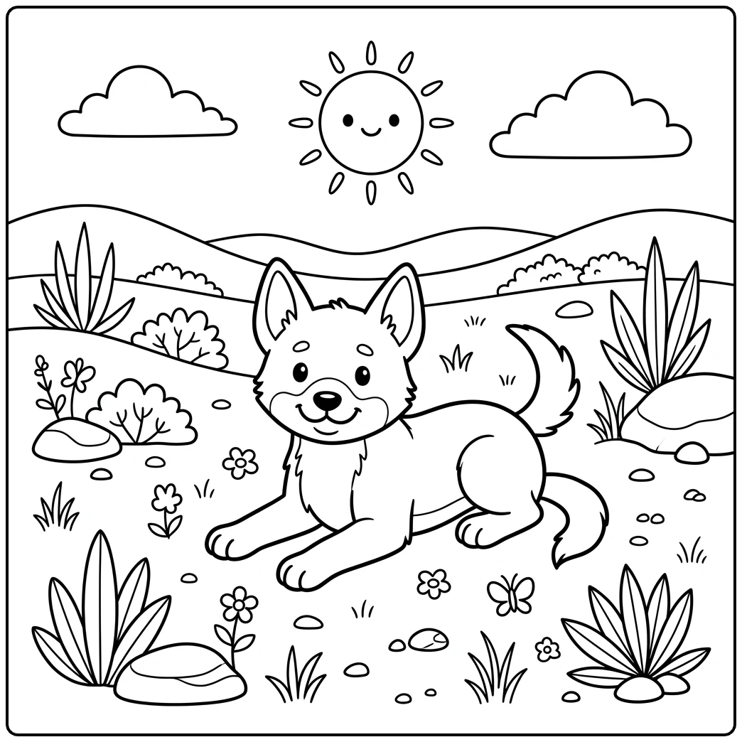 Cute dingo puppy lies under a smiling sun, Easy Dingo coloring page.