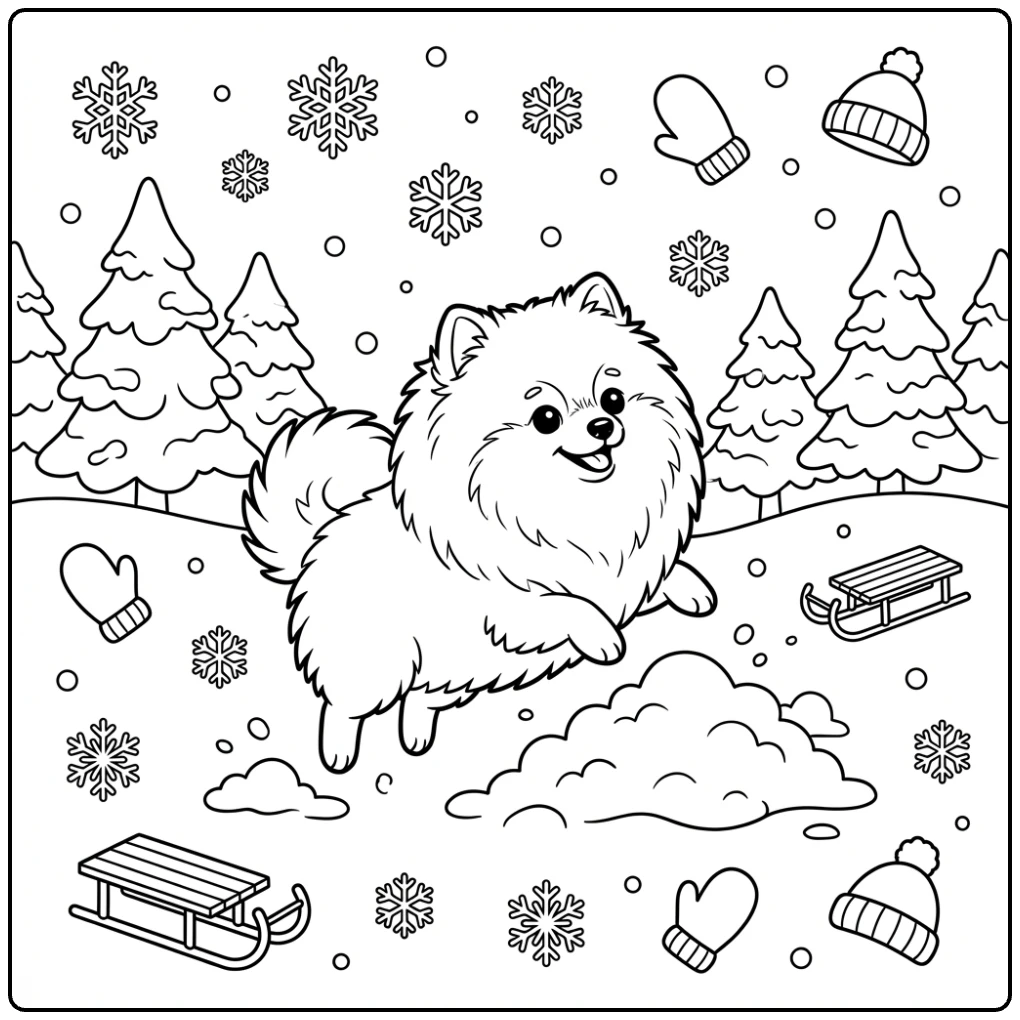 Cute puppy in snow Winter Pomeranian coloring page outline