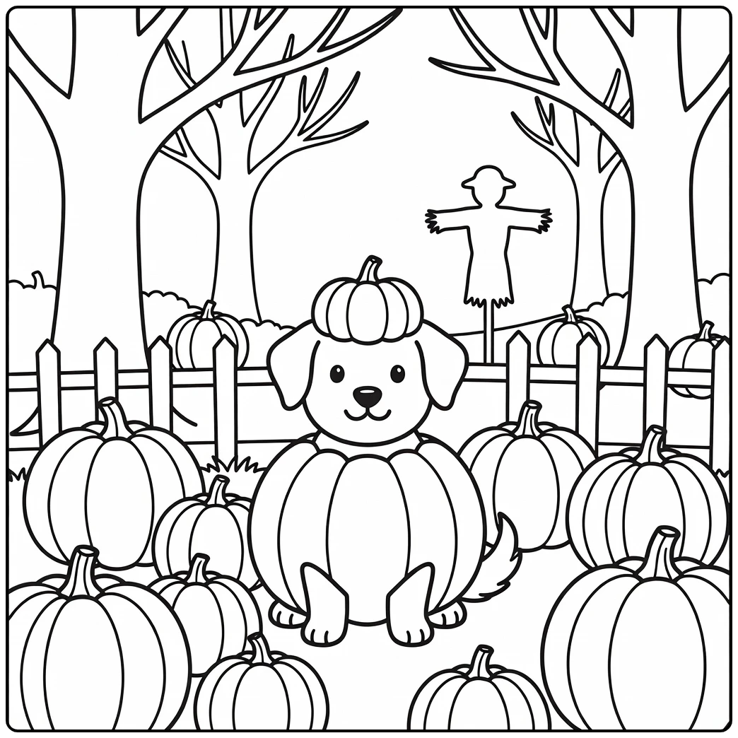 Cute halloween dog coloring page in pumpkin costume, festive scene.