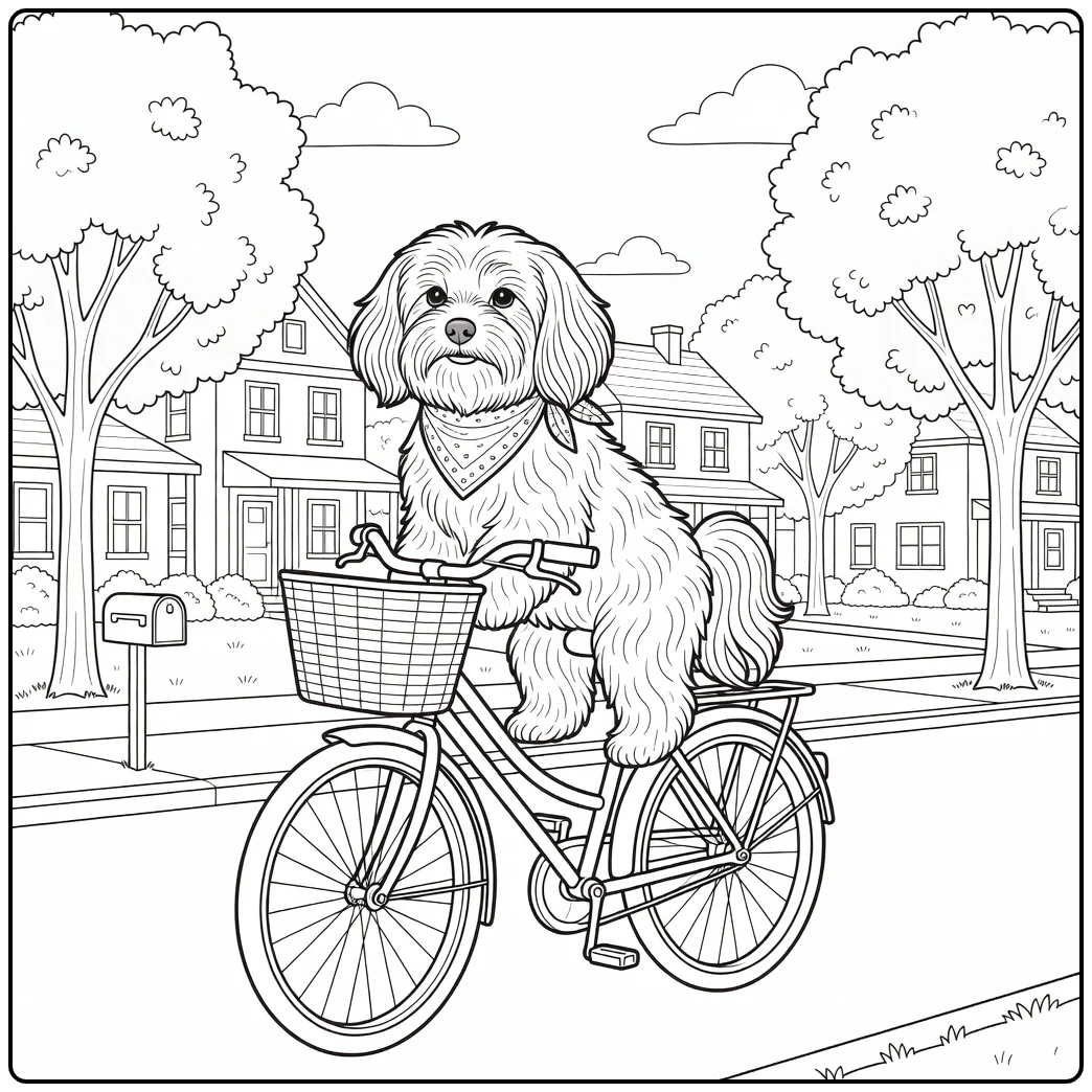Fluffy havanese coloring page dog in bike basket on quiet street.