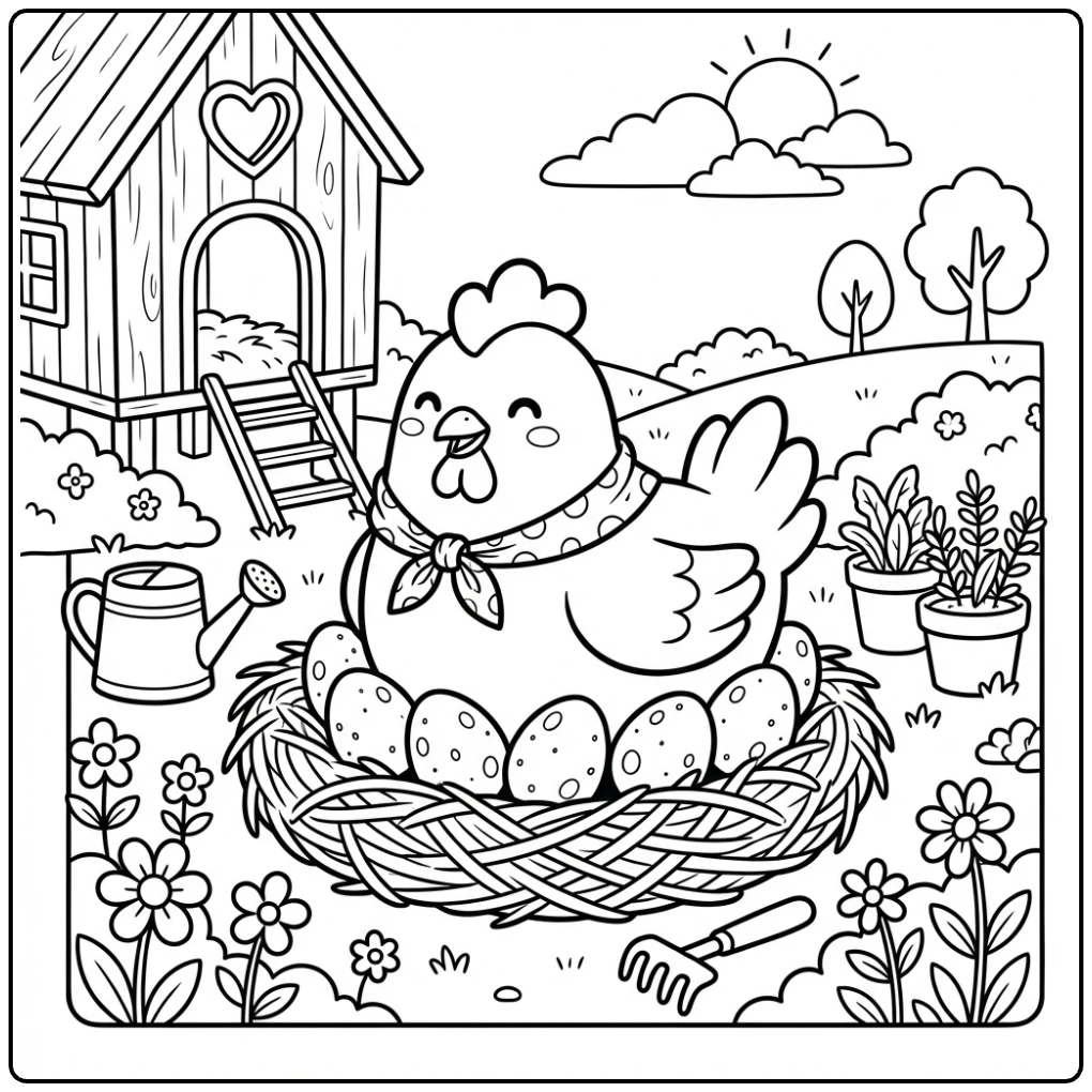 Cute mother Hen coloring page sitting on straw nest.
