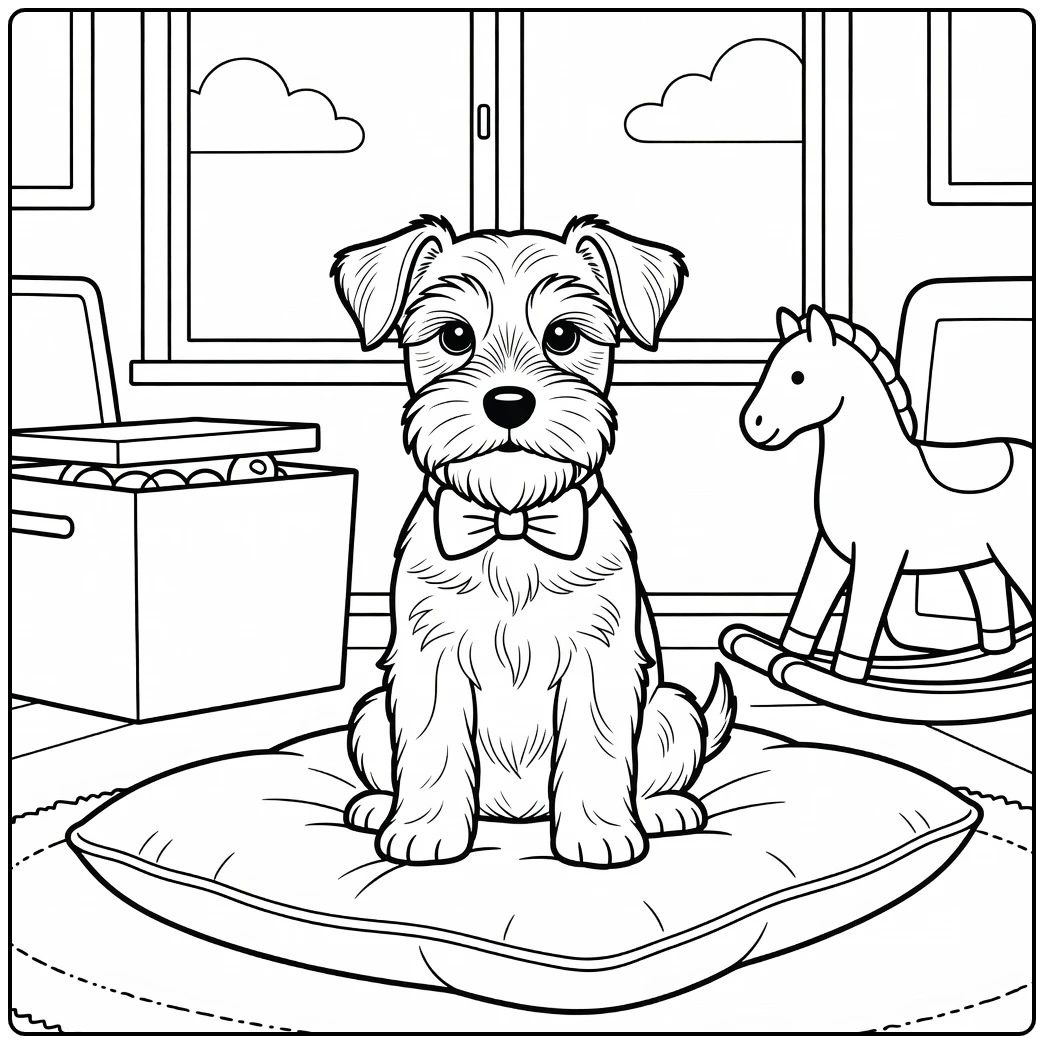 Cute mini schnauzer coloring page puppy in sunny nursery.
