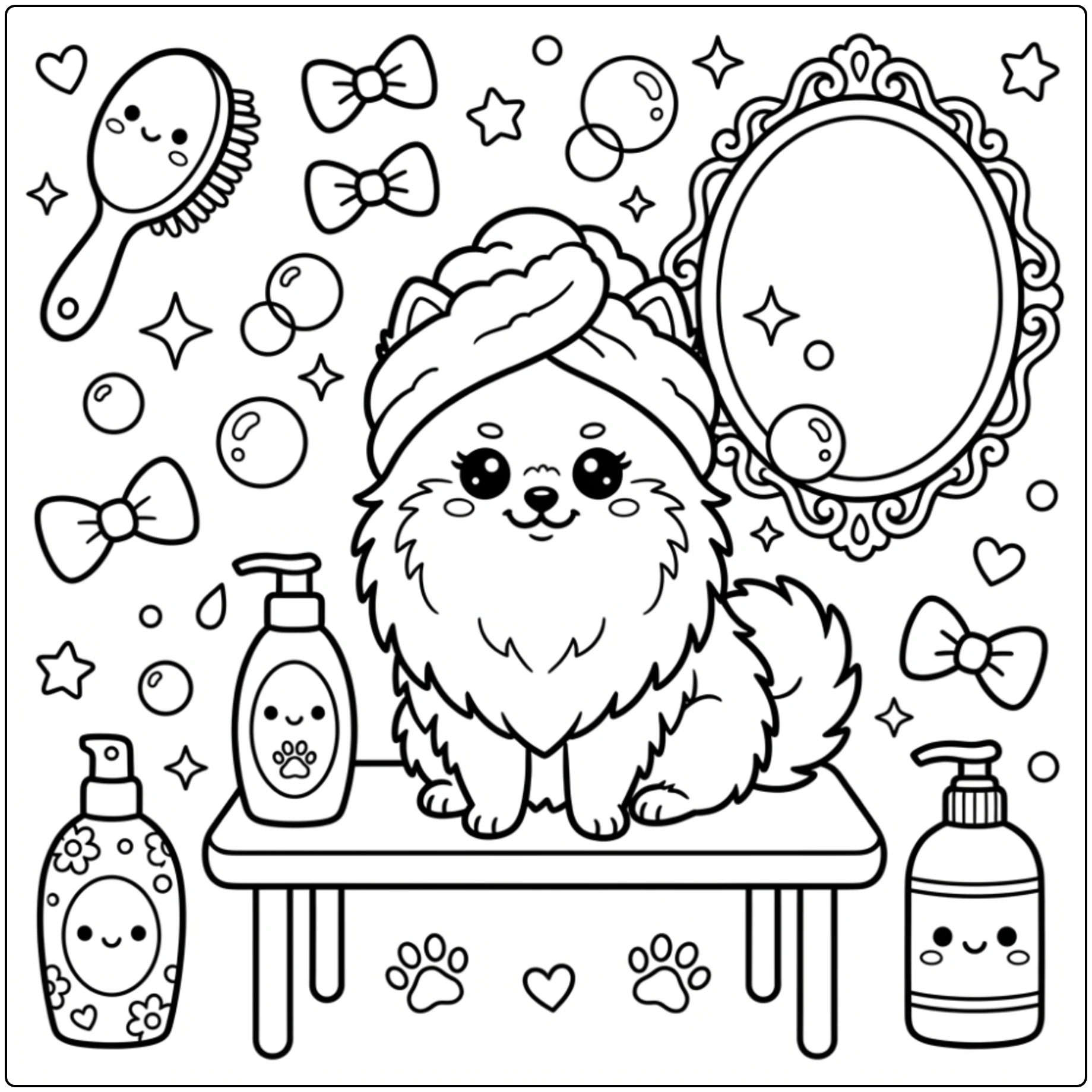Cute puppy at a salon in this Pomeranian coloring page design.