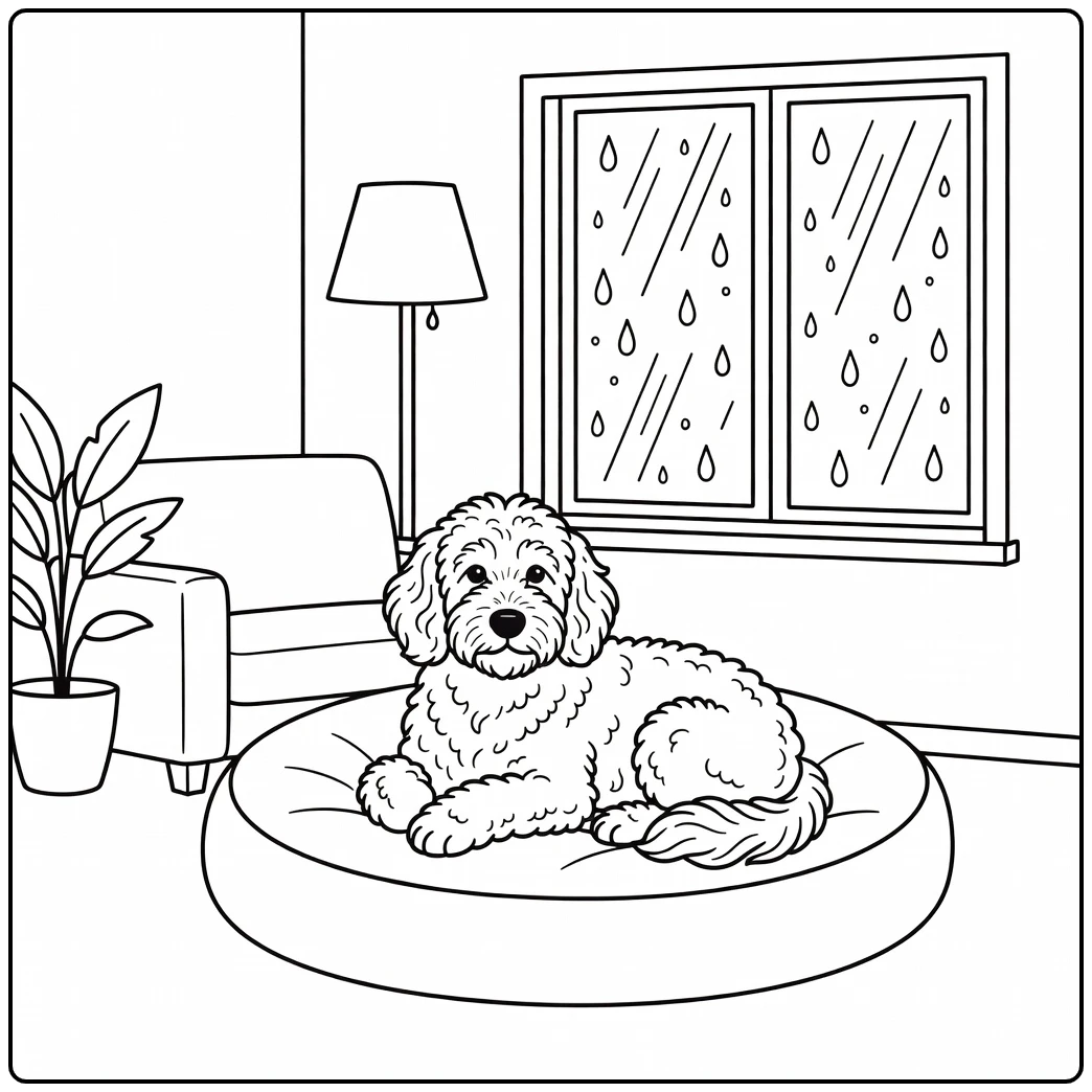 Cozy sheepadoodle coloring page on a rainy day dog bed scene