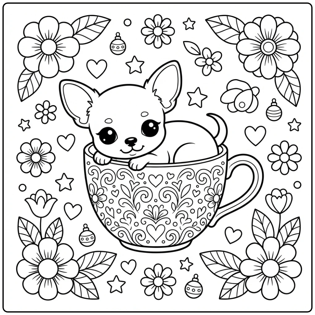 Cute Teacup Chihuahua coloring page with hearts and swirls.