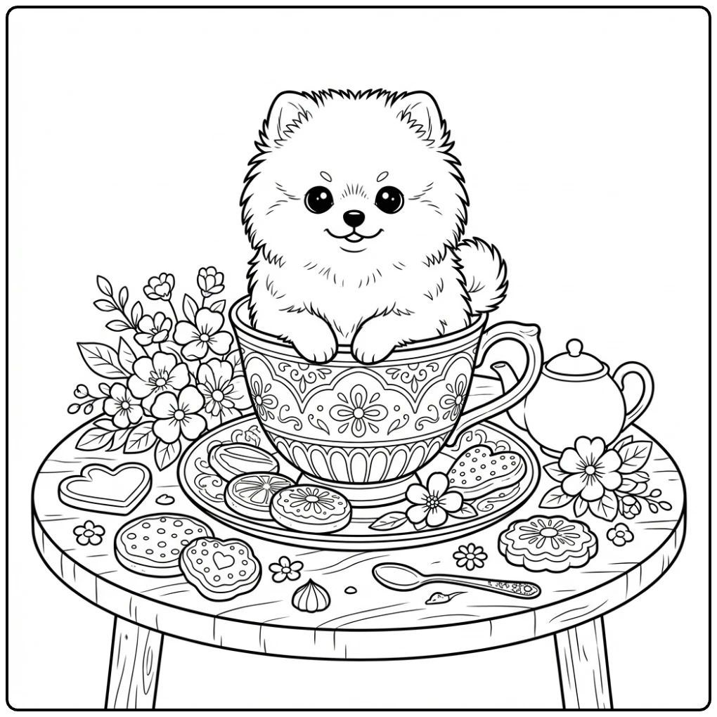 Teacup Pomeranian coloring page with cookies and flowers