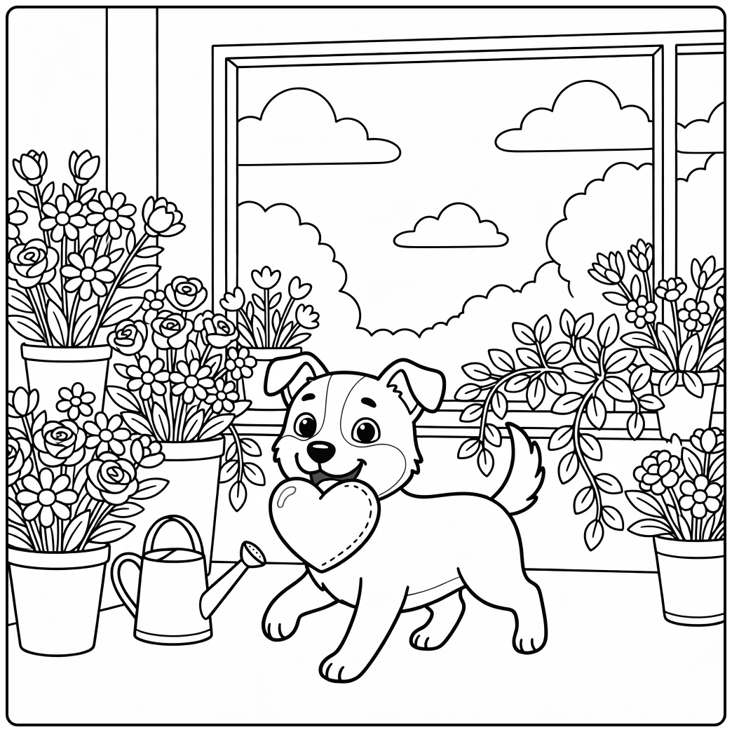 A happy pup on a valentine dog coloring page in a flower shop.