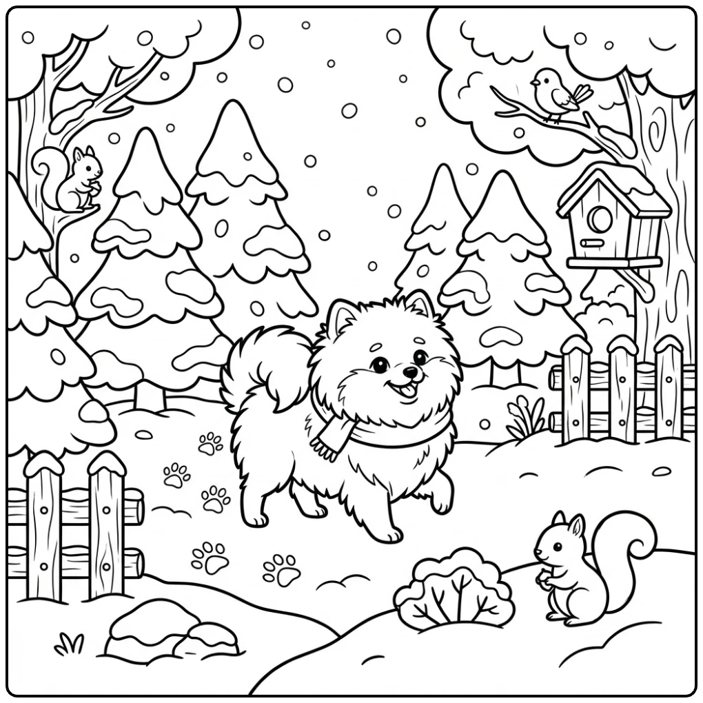 Cute Winter Pomeranian coloring page in a snowy forest scene.