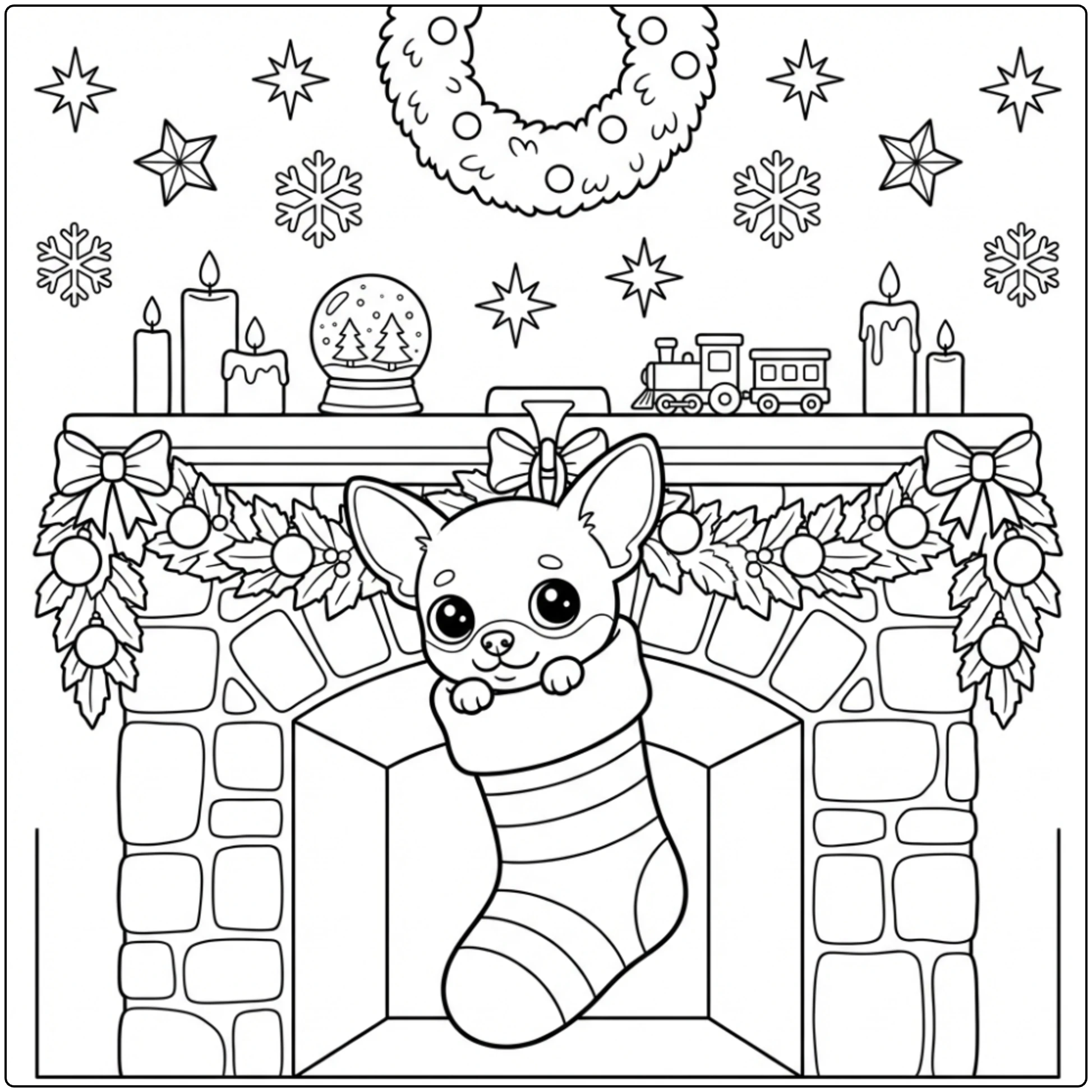 Cute Christmas Chihuahua coloring page in a stocking.