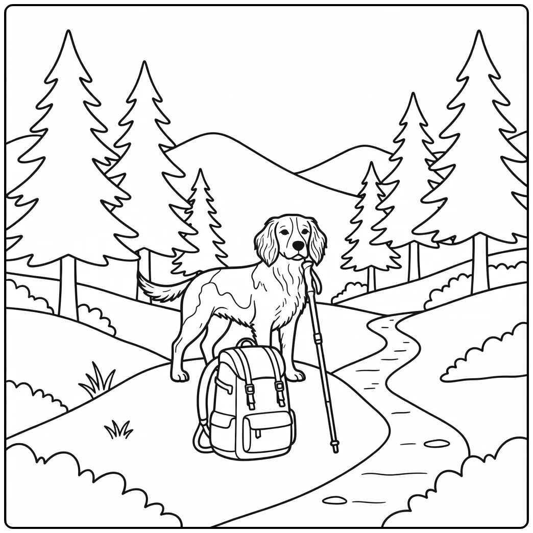Springer spaniel coloring page: Dog on hiking trail with backpack.