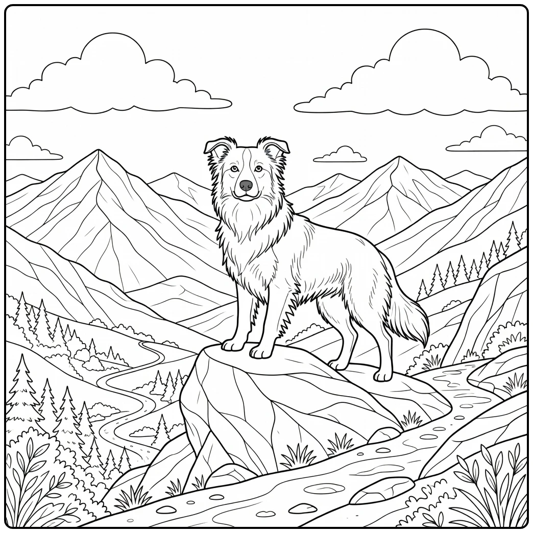 Mountain lookout border collie coloring page with scenic peaks