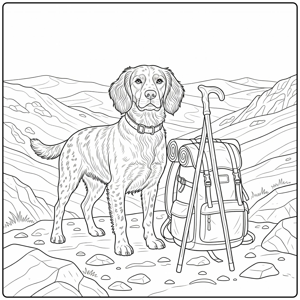 Loyal brittany spaniel coloring page at a scenic mountain overlook