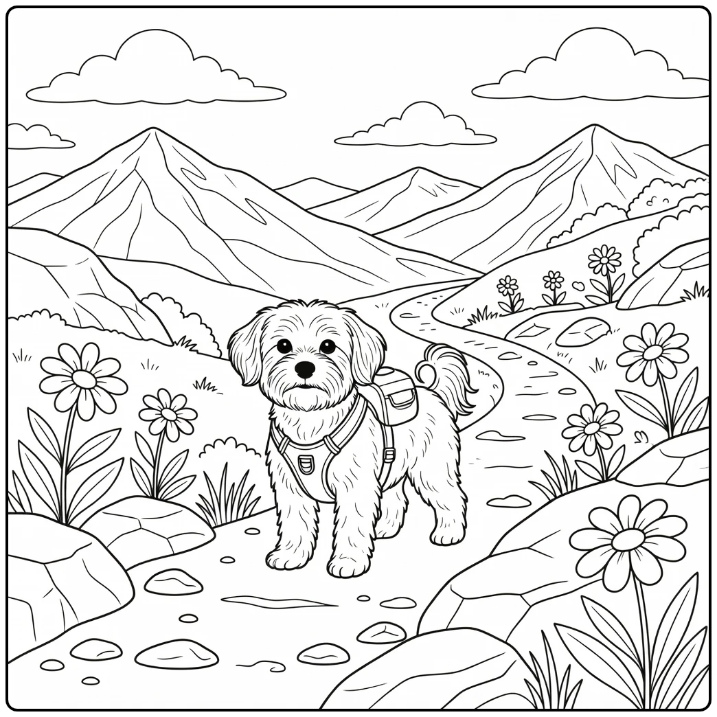 Fluffy Havanese coloring page on a scenic mountain hike.
