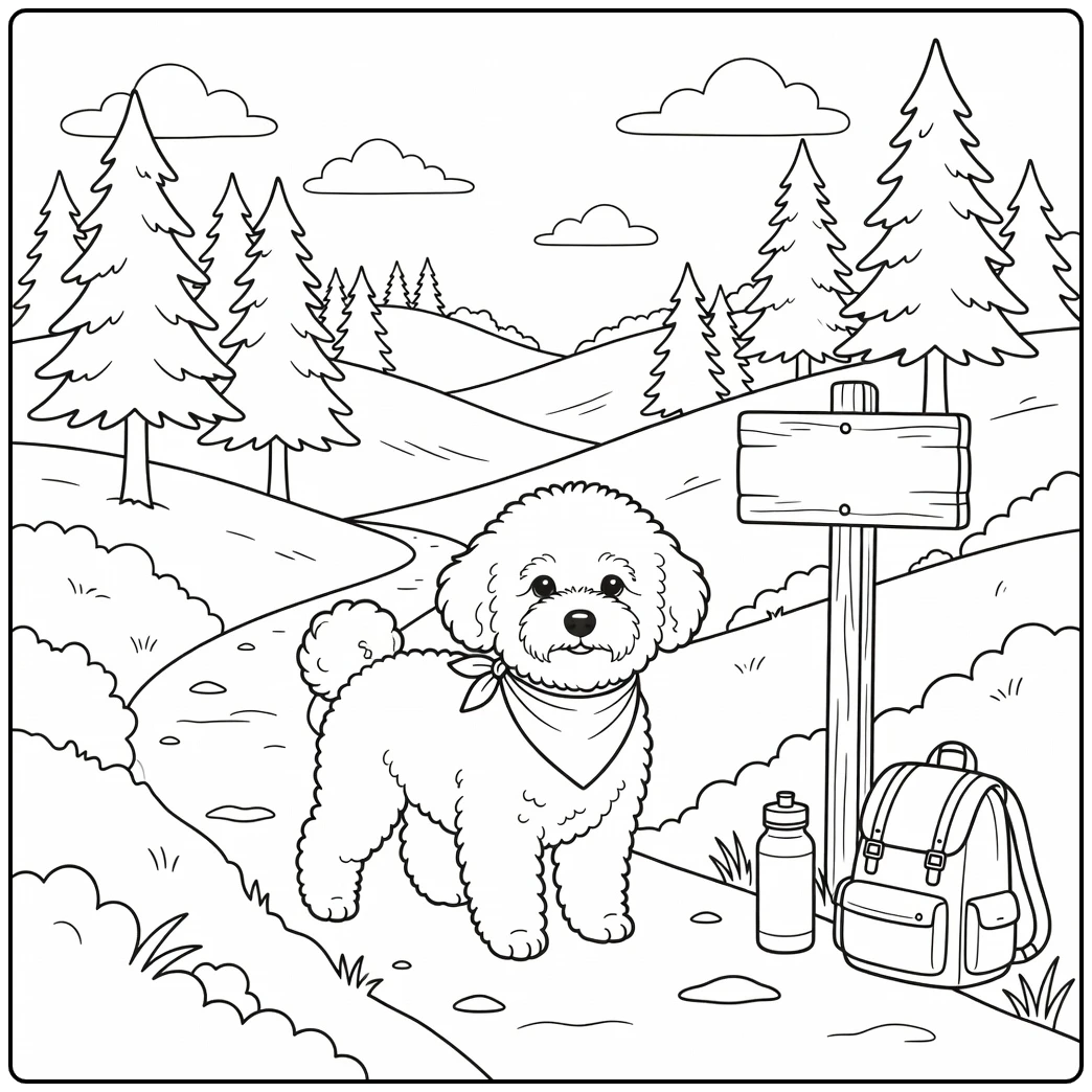 A cheerful bichon frise coloring page on a scenic hiking trail.