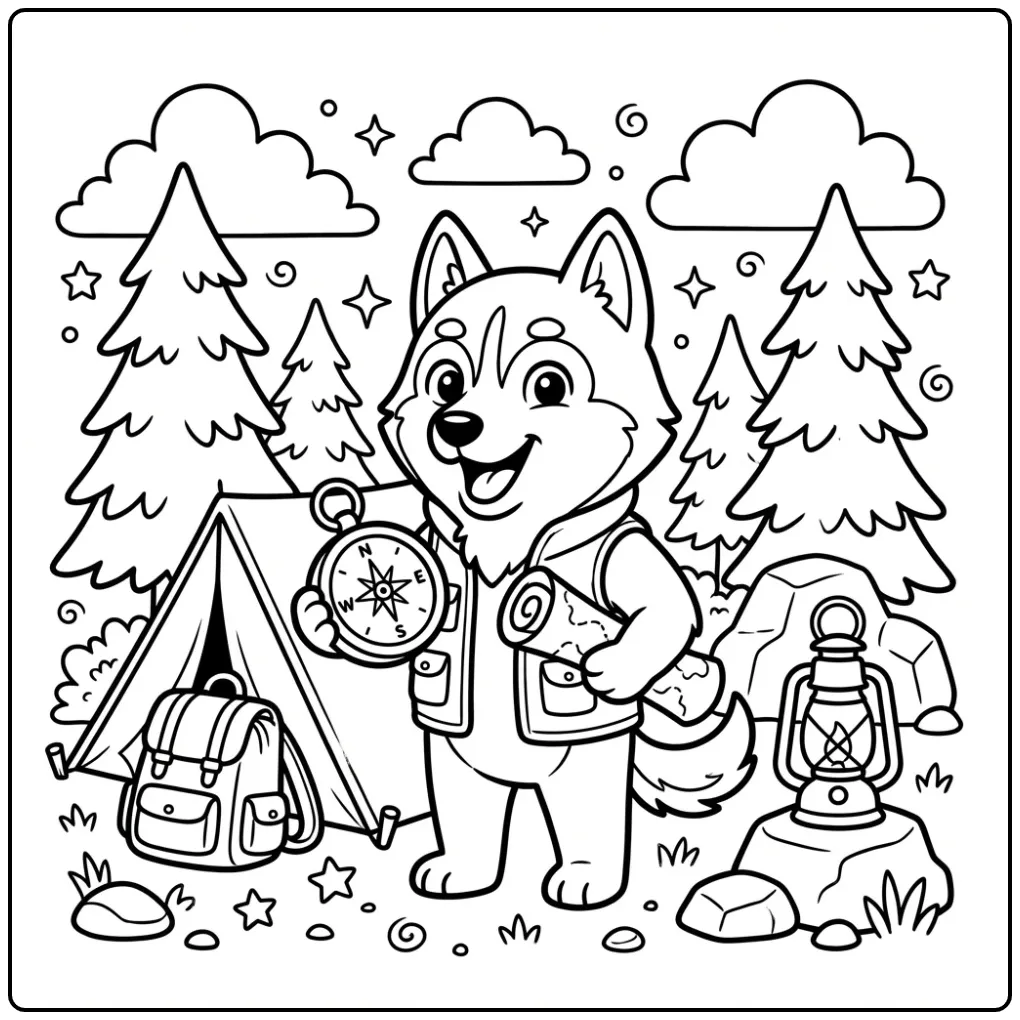 Dog coloring page featuring a husky explorer with a map.