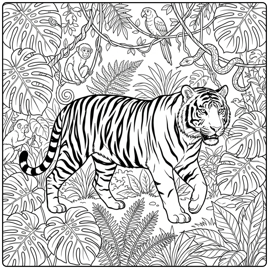 Animal coloring page of a tiger walking in jungle vines