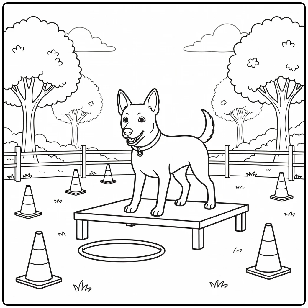 An alert dog on an agility platform for a kelpie coloring page.