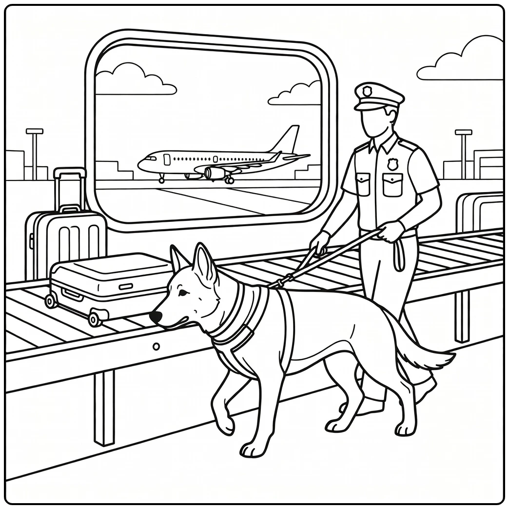 Police dog coloring page at airport security checkpoint, K9 sniffing bags.