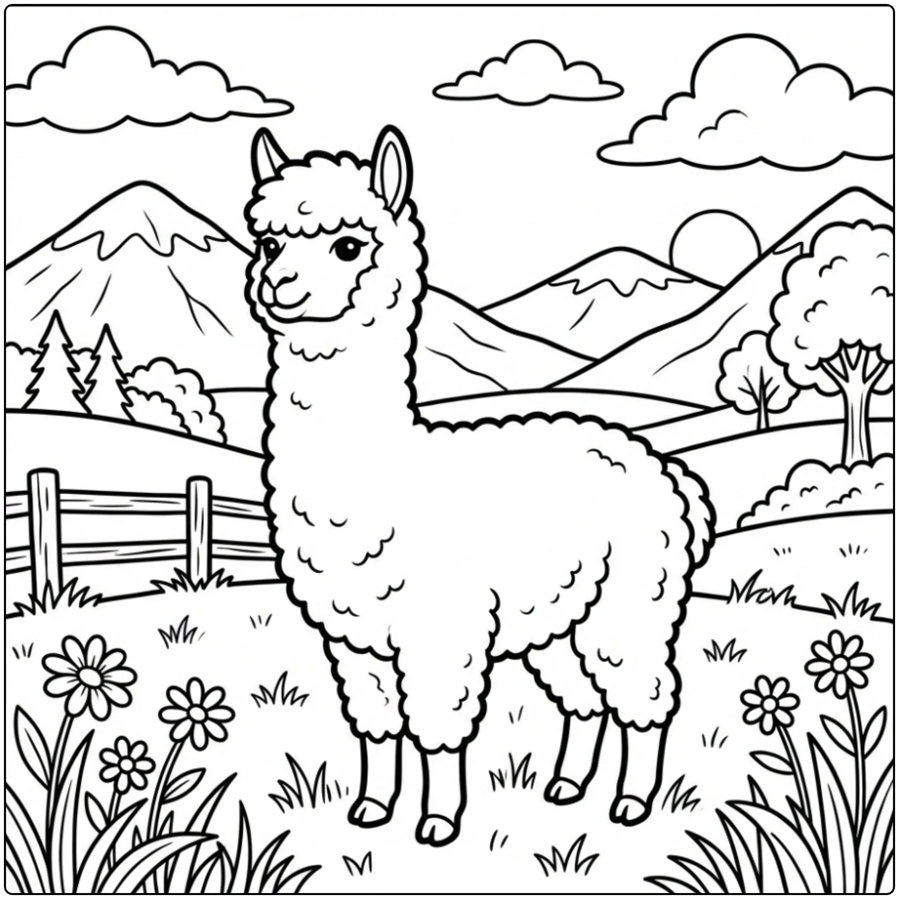 Cute alpaca Animal coloring page in nature scene