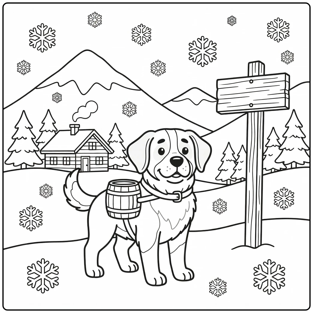 A Saint Bernard cute dog coloring page in a snowy mountain scene.