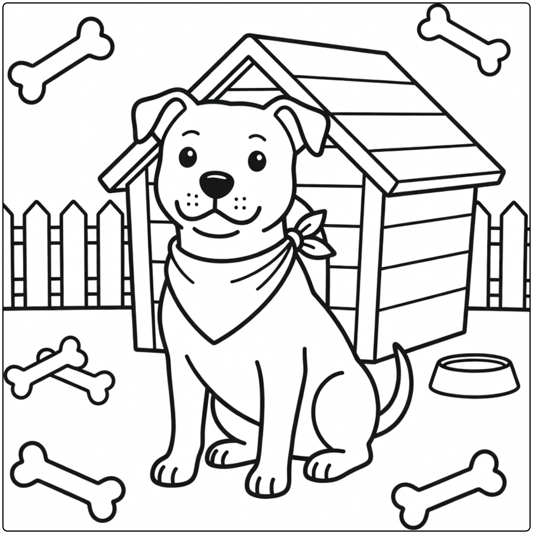 Cute American Staffordshire Terrier coloring page with doghouse.