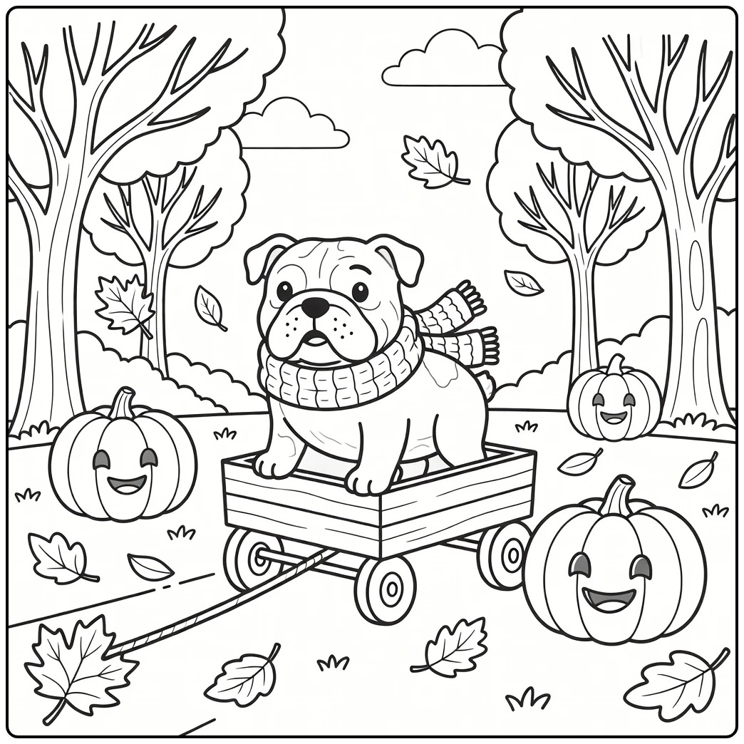 A cute english bulldog coloring page featuring a dog in a wagon.