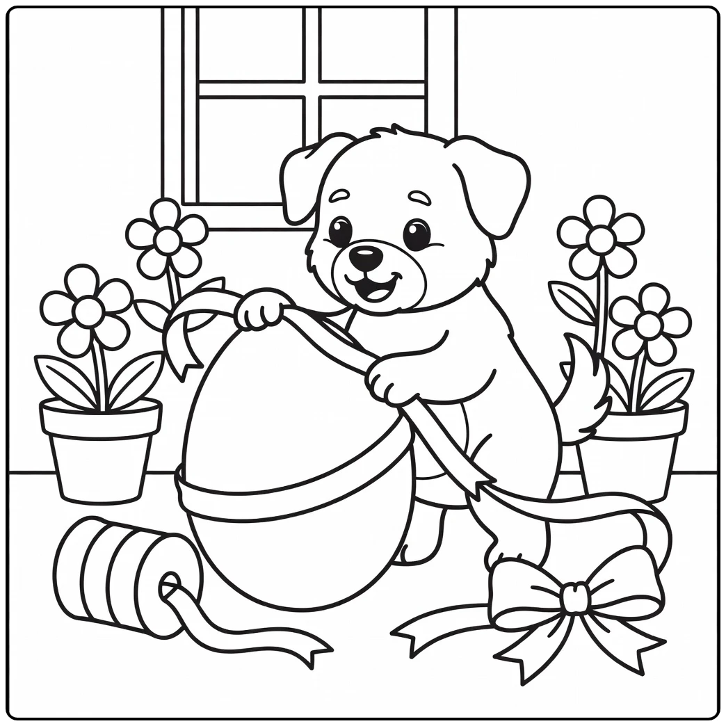 A cute easter dog coloring page of a pup wrapping a giant egg.