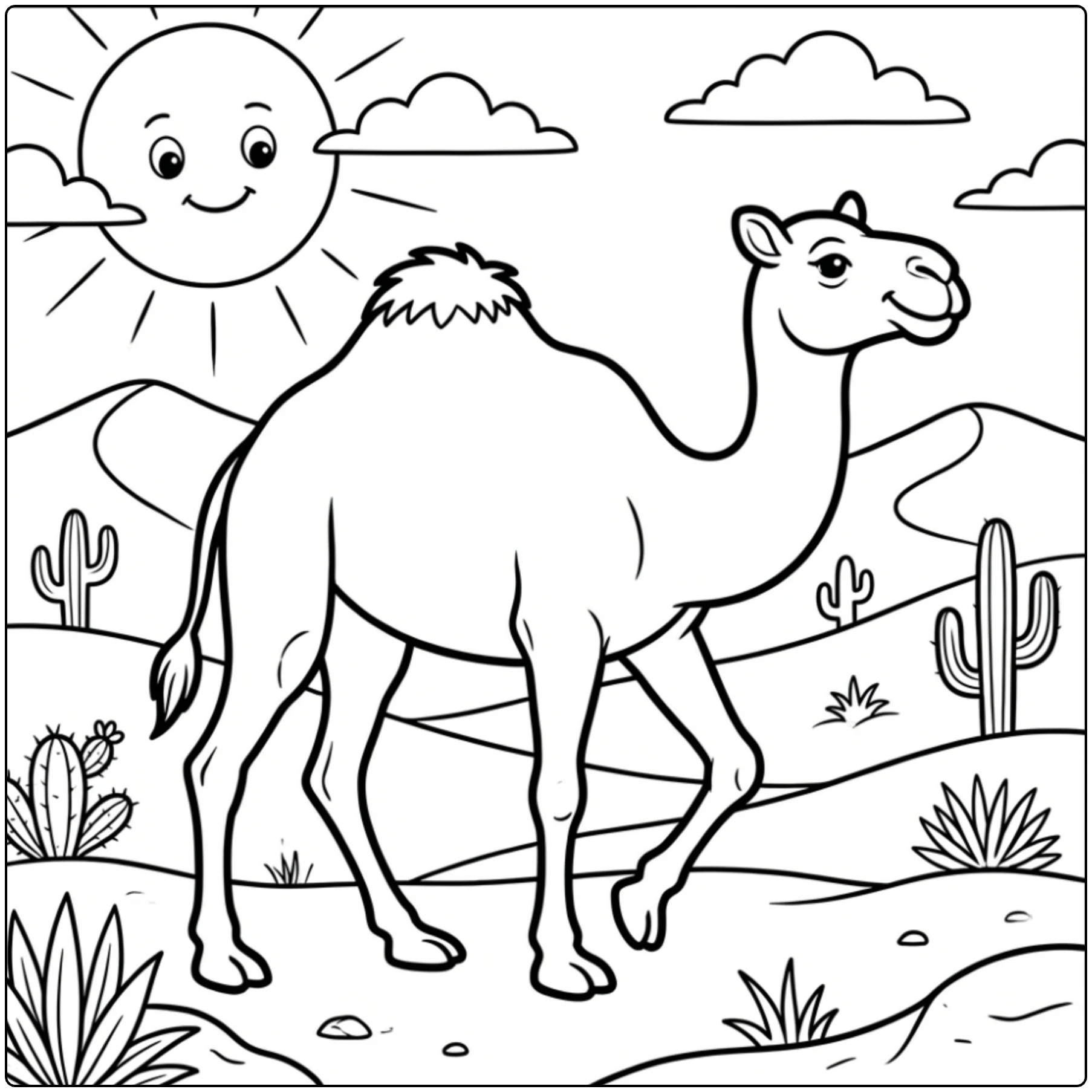 Animal coloring page of a camel walking in sunny desert dunes