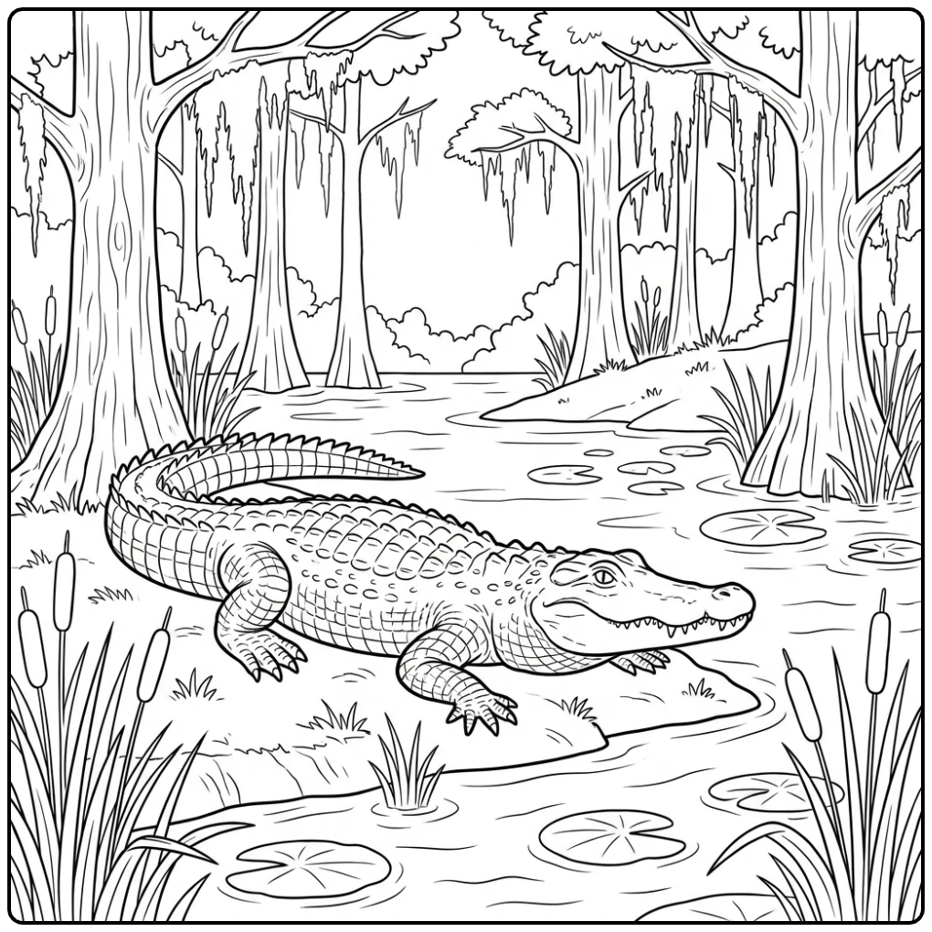 Swamp crocodile resting on riverbank Animal coloring page